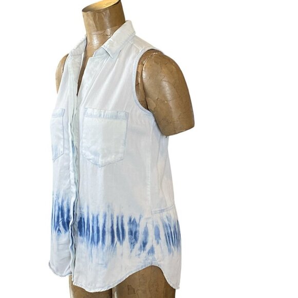 REBA Sleeveless Button Front Chambray Top 2 Pocket Dip/Tie Dye Blues Sz S #340A - Picture 4 of 8